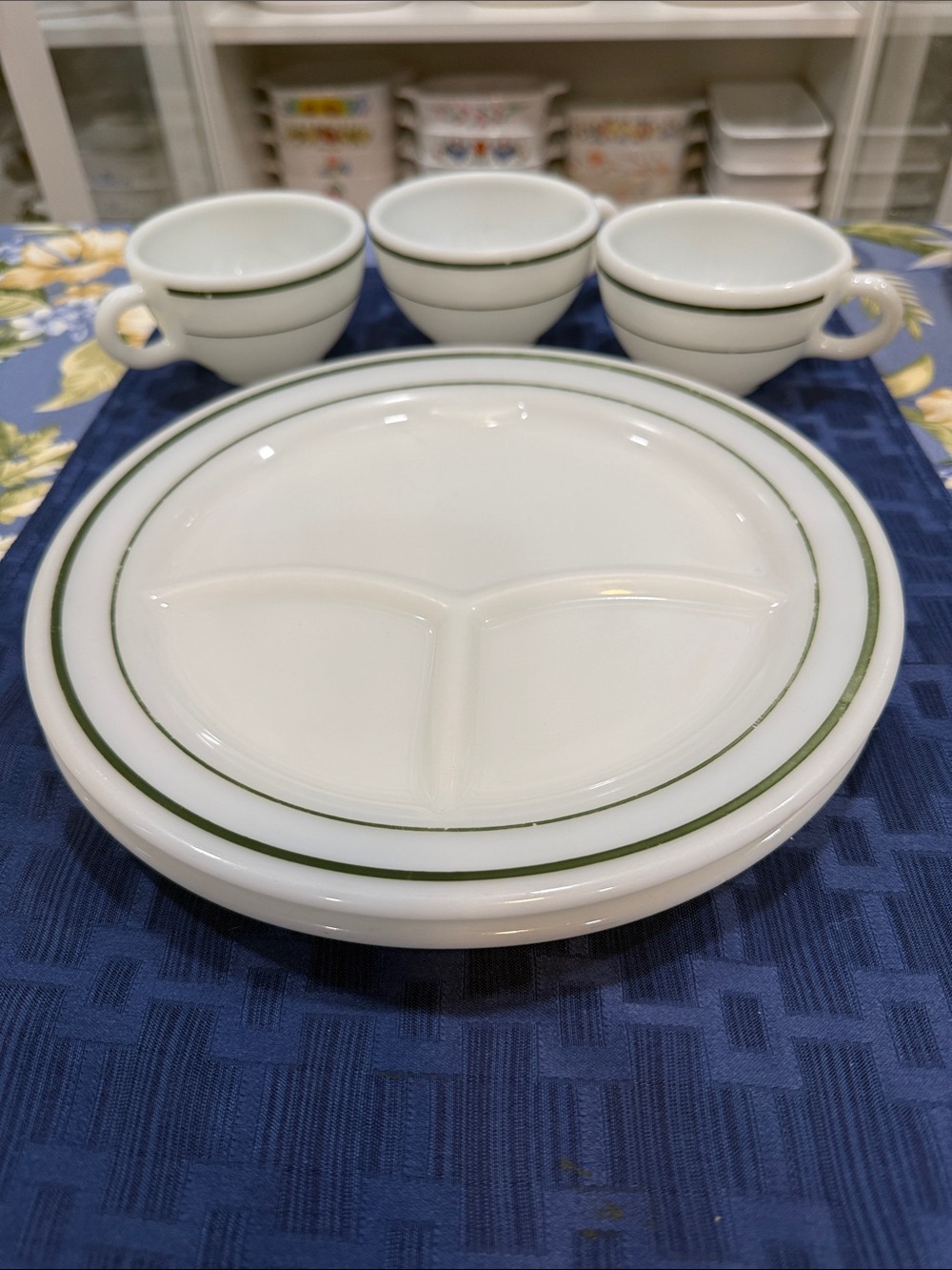 Corning White Divided Plates and Cups with Green Band